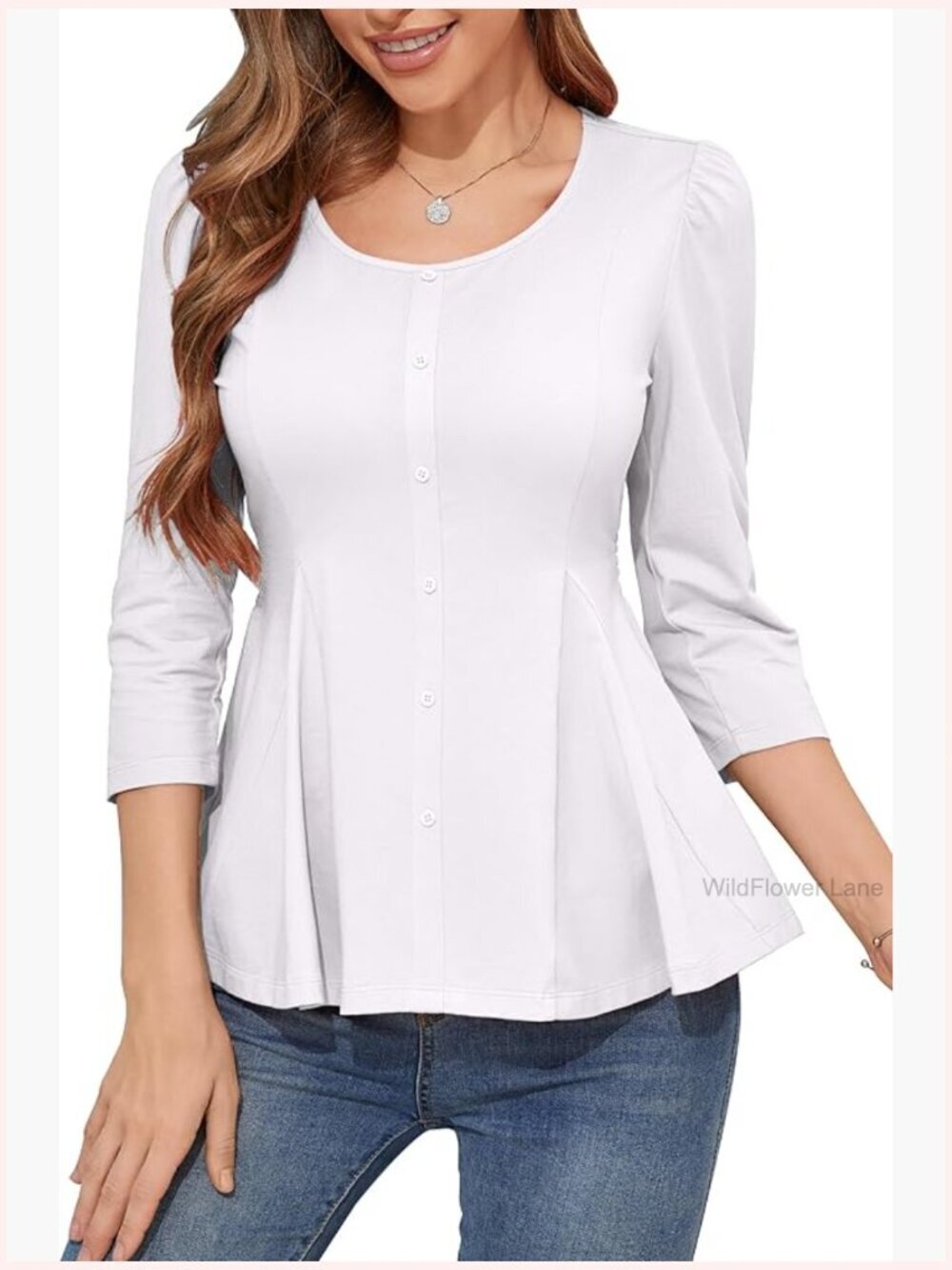 3/4 Sleeve Peplum Top Smocked Back Blouses Dressy Casual Business Shirts Ladies